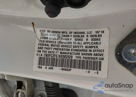 2019 Honda Civic Sport from USA, damaged, VIN 19XFC2F82KE002529